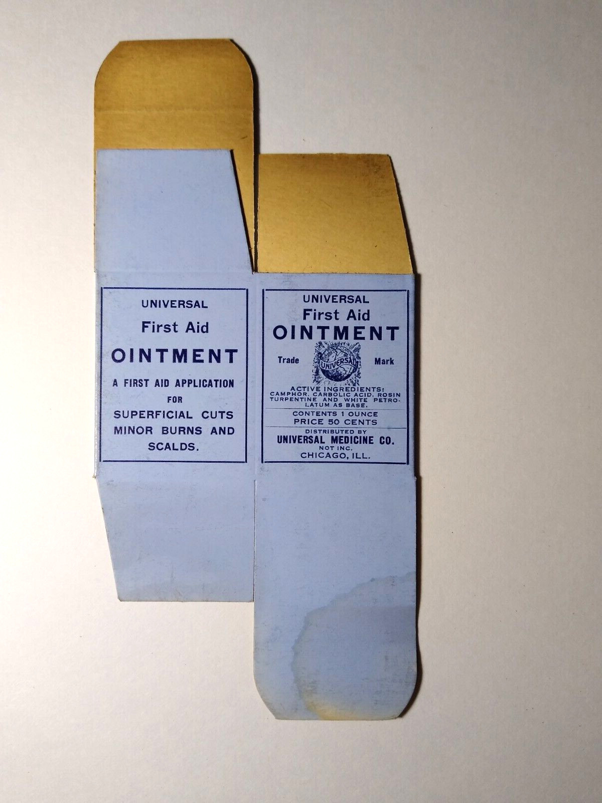 First Aid Ointment Vintage EMPTY Product Box Universal Medicine Co. Chicago ILL