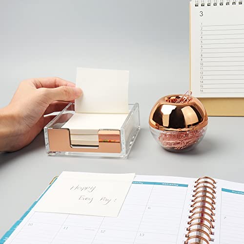 Magnetic Paper Clip Holder 3×3 Sticky Note Holder Set, Clear Acrylic Rose Gold