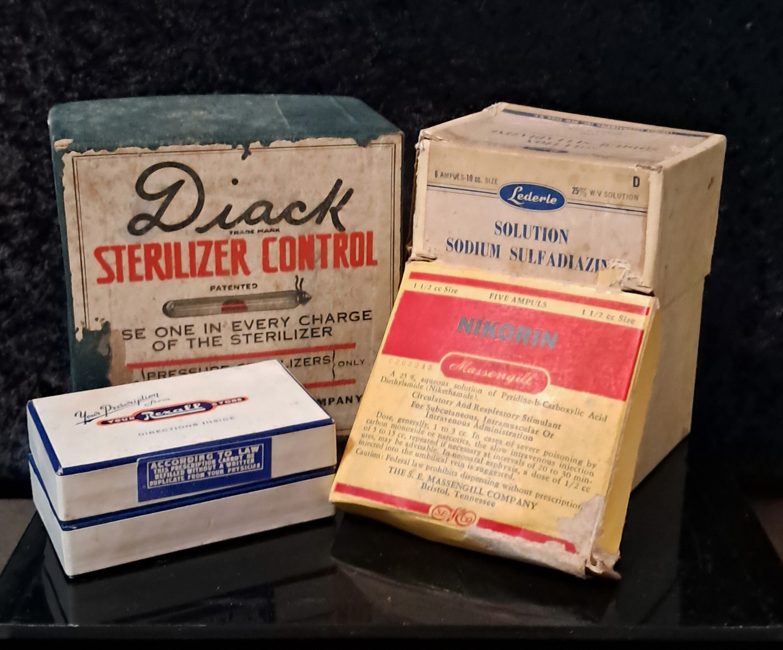 Lot of 4 Vintage Pharmaceutcal Boxes and Contents Not for Medical Use.