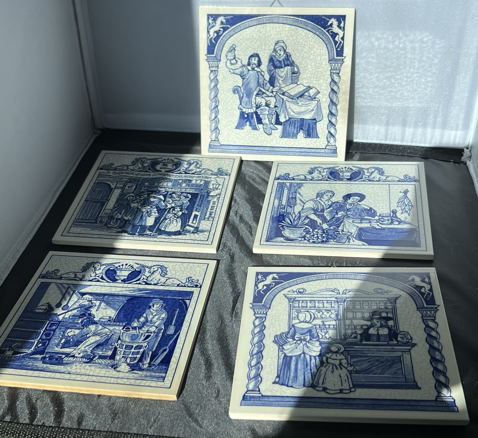 SET OF 5 DELFT HOLLAND PHARMACY SCIENCE TILES 1987 For BURROUGHS WELLCOME CO.