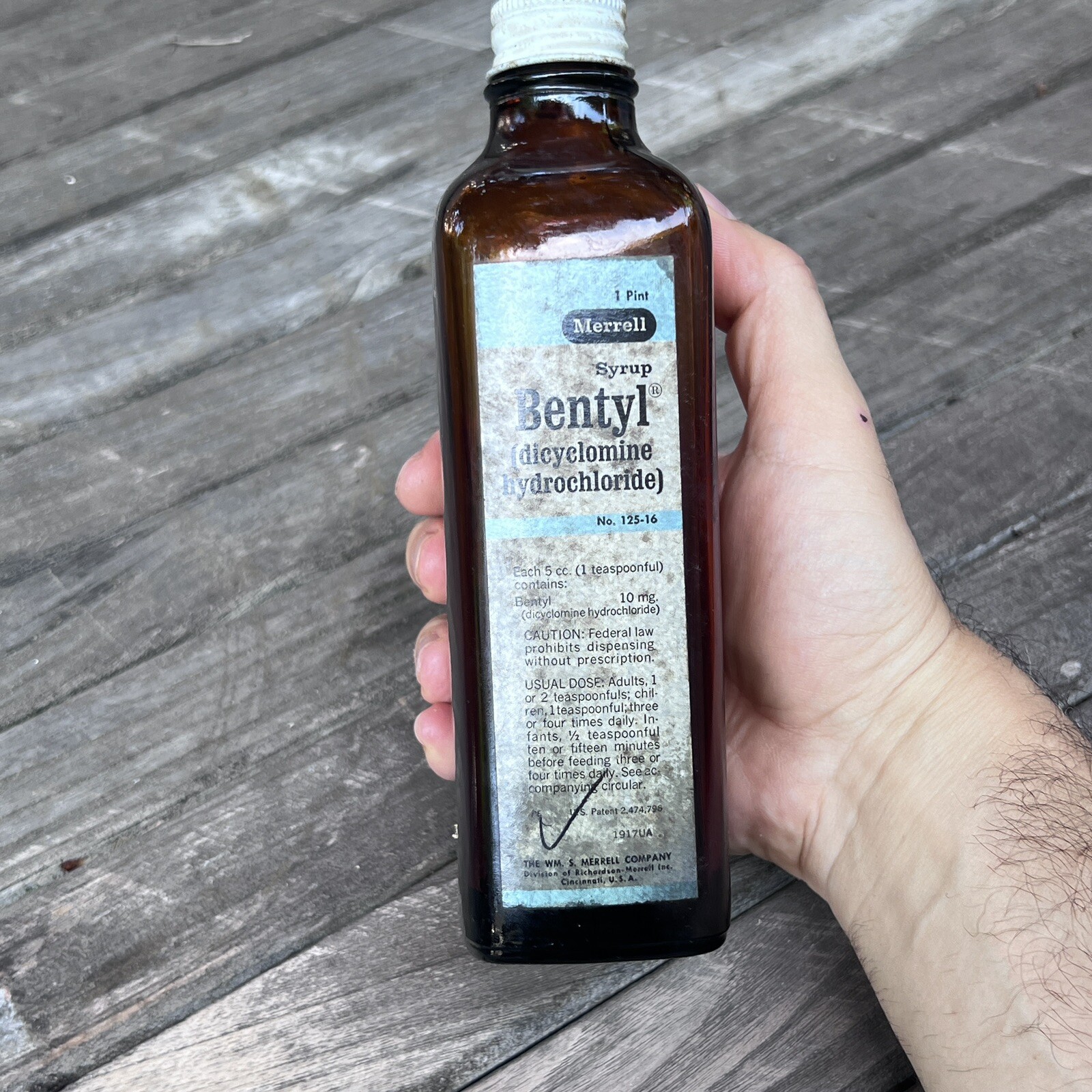 Vintage Bentyl Phenobarbital Merrel EMPTY Amber Pharmacy Bottle 125-16 1950′