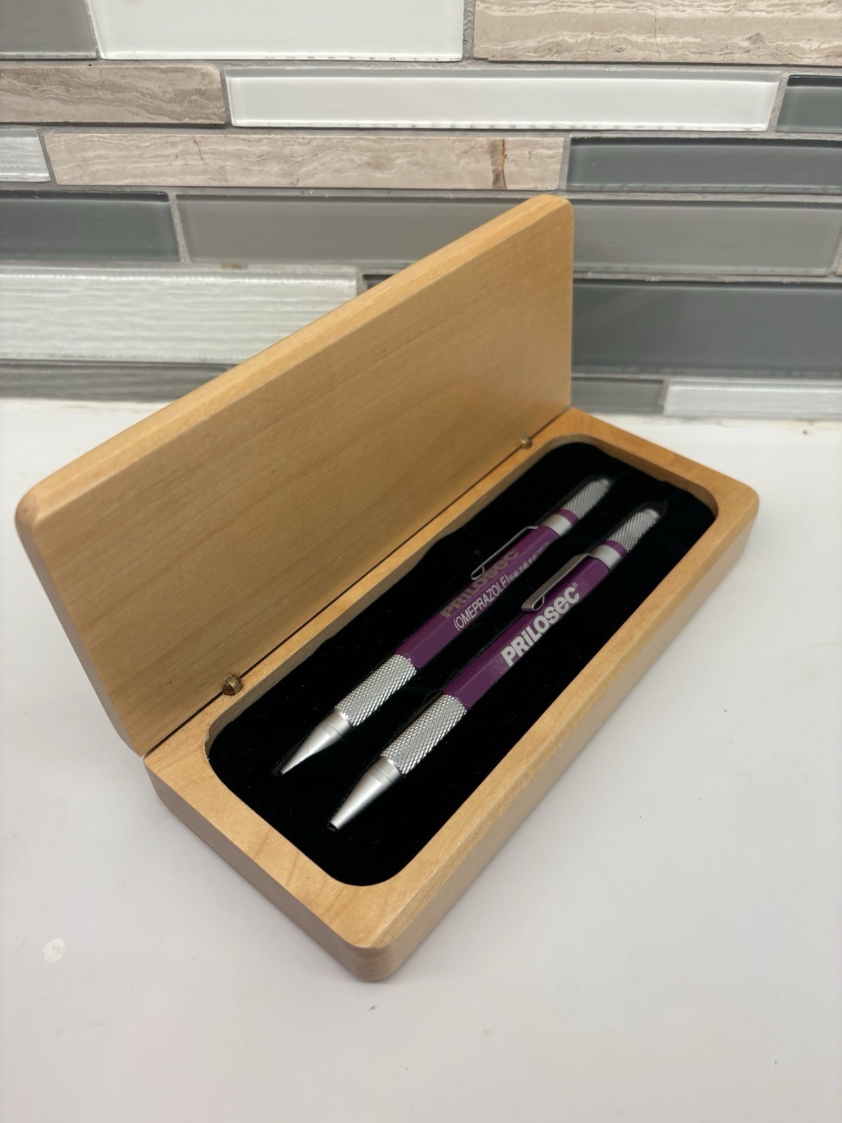 Prilosec Pen Pencil Set Wood Case Pharmaceutical Drug Rep Advertising
