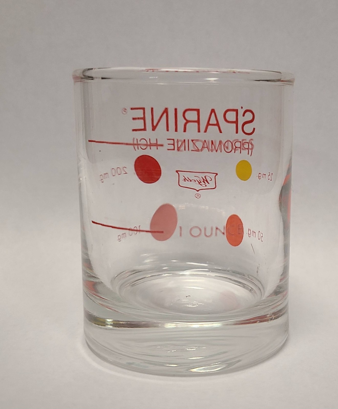 SPARINE WYETH Shot Glass Measuring Cup Vintage Red Dots 2 oz