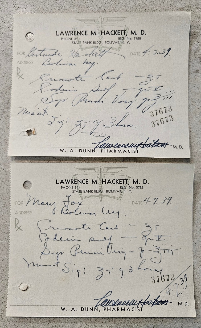 1939 Dr Prescription Lot Codeine Sulfate Bolivar NY Medical Pharmacy Ephemera