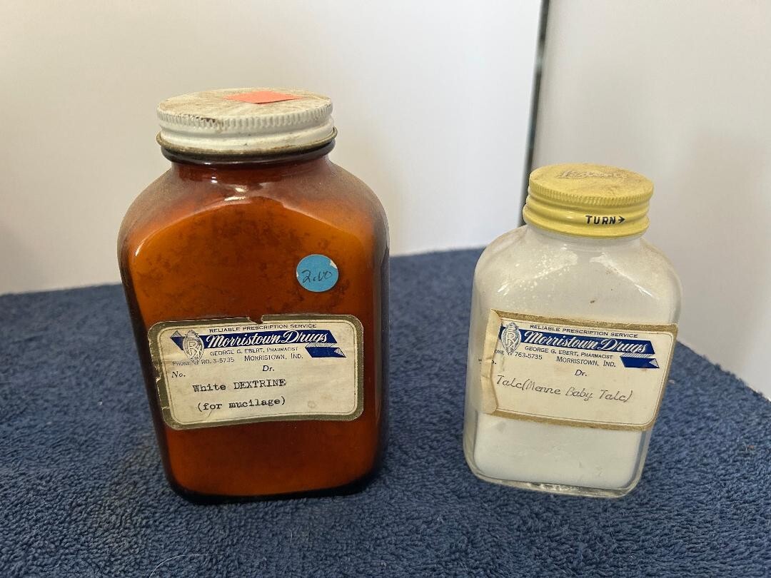 2 glass pharmacy bottles w paper label Morristown Drugs EXPIRED talc & dextrose