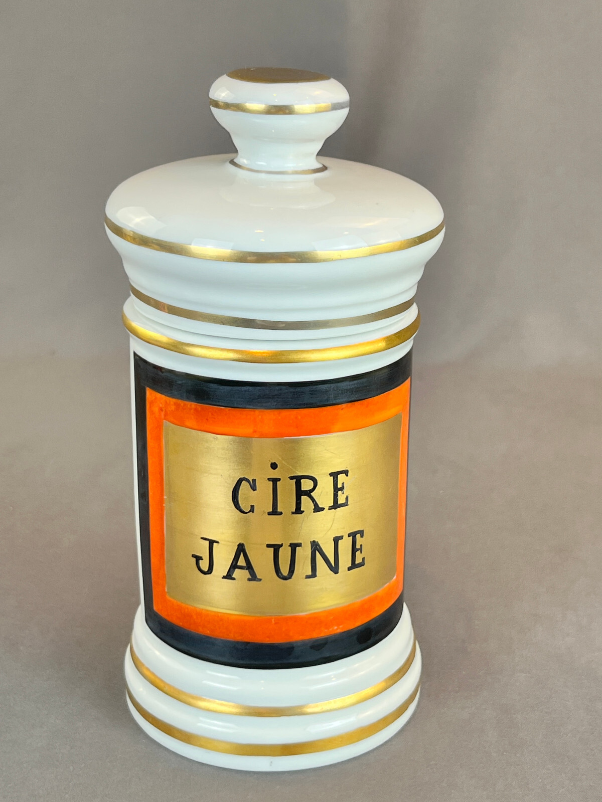 Vintage French Porcelain 7 ½” CIRE JAUNE (Yellow Wax) Apothecary Jar by D.T.