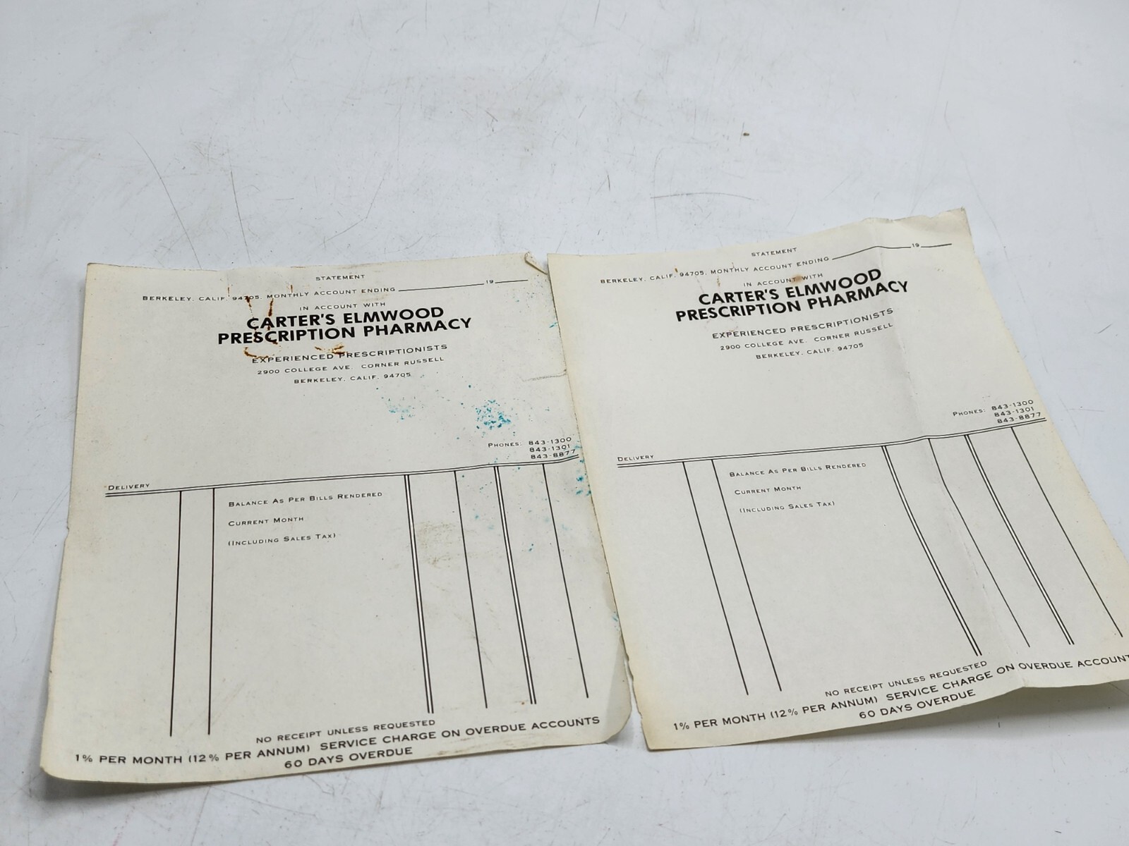 VINTAGE Blank PRESCRIPTION Receipts Carter’s Elmwood Pharmacy Berkeley CA 1960s