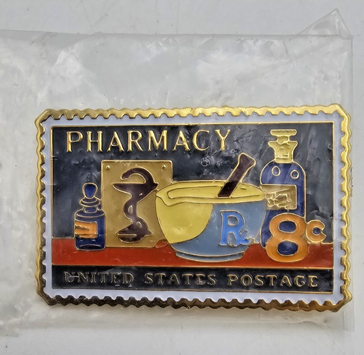 Allen & Hanburys Pharmacy United States Postage Stamp Enamel Lapel Pin Vintage