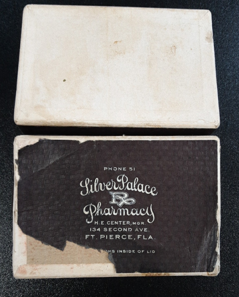1928 Prescription 3″ Hinged Cardboard Box Silver Palace Pharmacy “Phone 51”