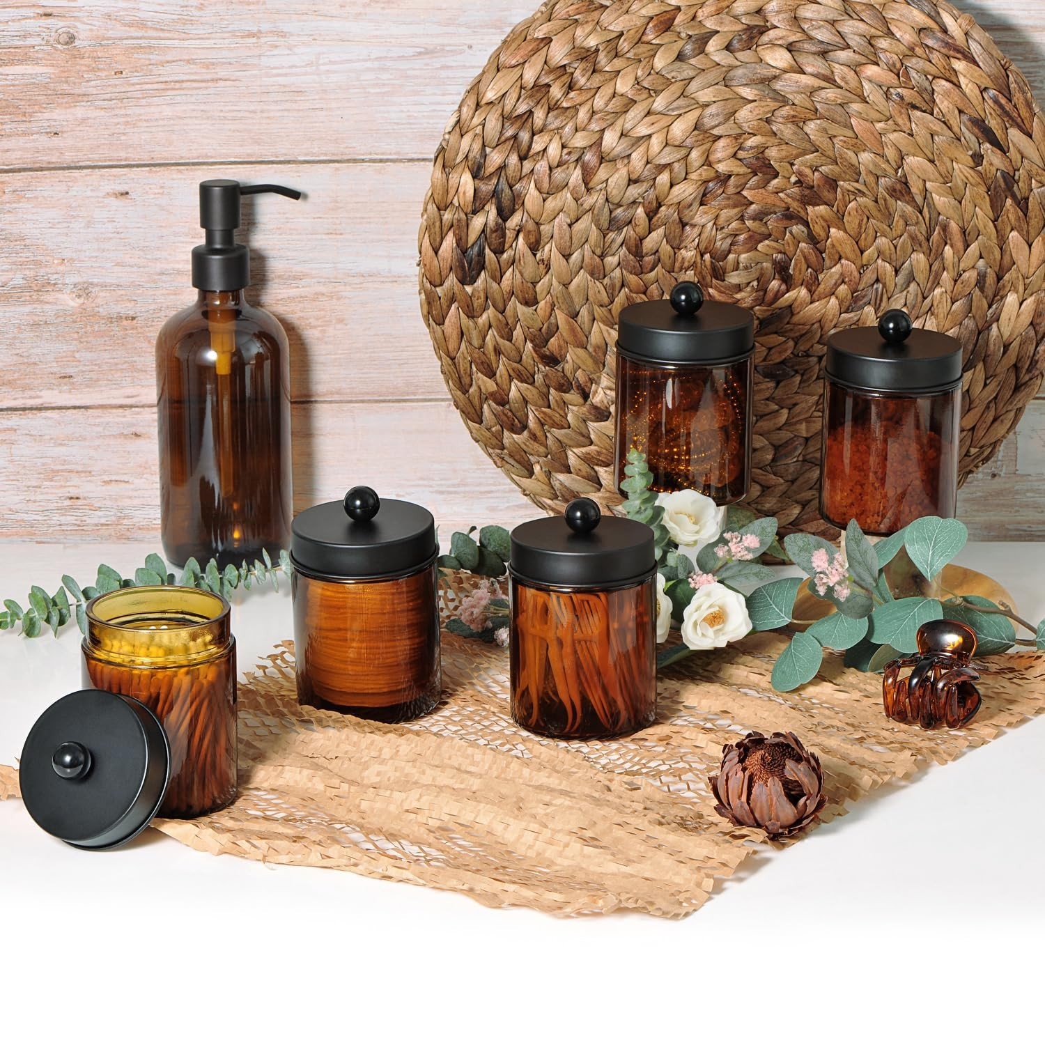 Amolliar Amber Glass Qtip Holder, Apothecary Jars with Matte Black Metal Lid …