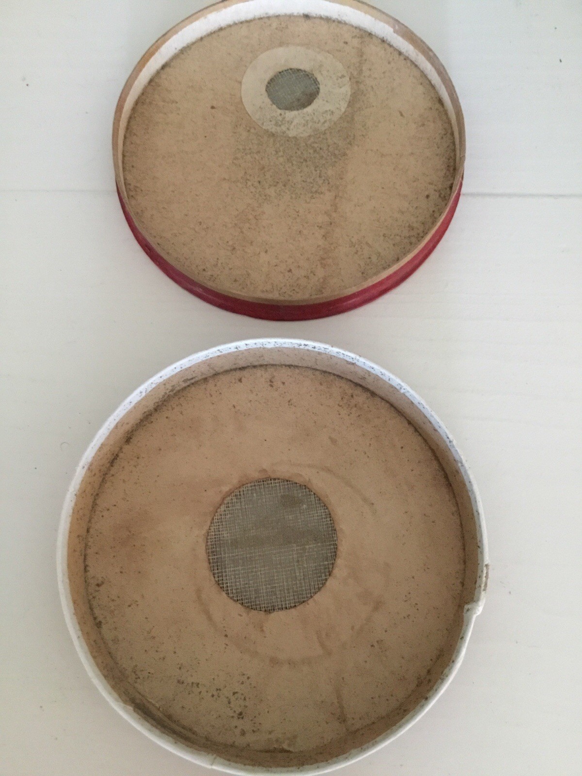 Vintage FRENCH Pharmacie Round Cardboard Container Red Silk Thirsty Worm Seeds!!