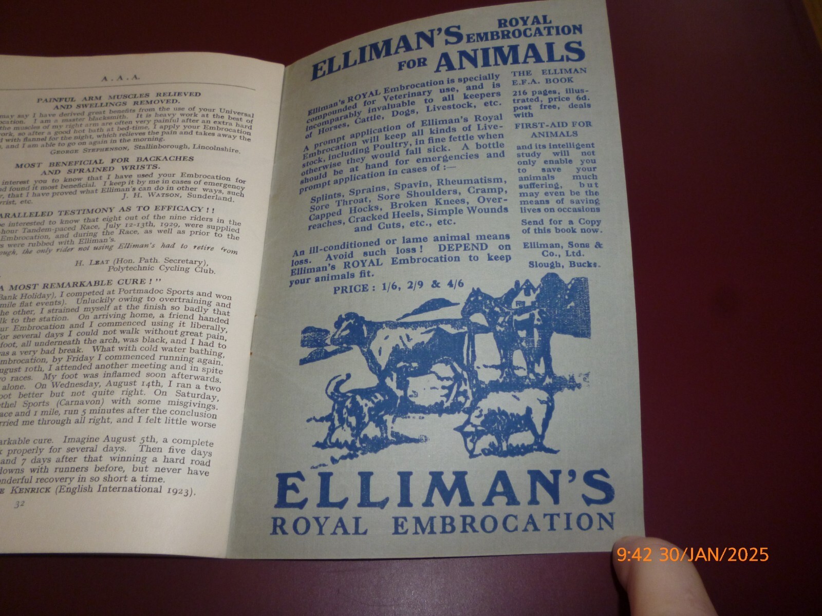 ELLIMAN’S EMBROCATION x 2 VINTAGE BOOKLETS LIBRARY OF HEALTH, AILMENTS ACCIDENTS