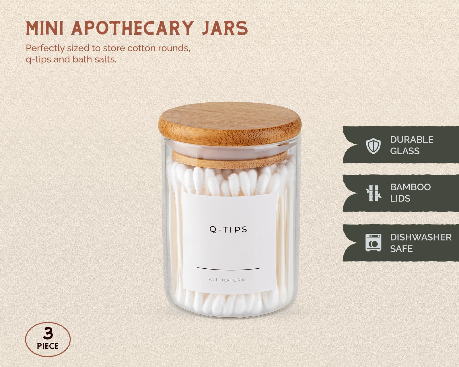 Vase and Vessel Mini Glass Apothecary Jars with Bamboo Lids, Small Bathroom a…