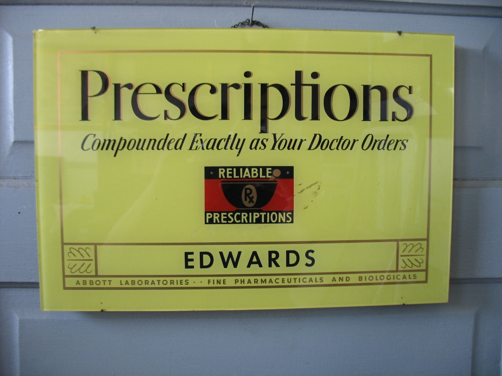 Vtg advertising GLASS sign Prescriptions Compounded Abbott Laboratories 18 x 12