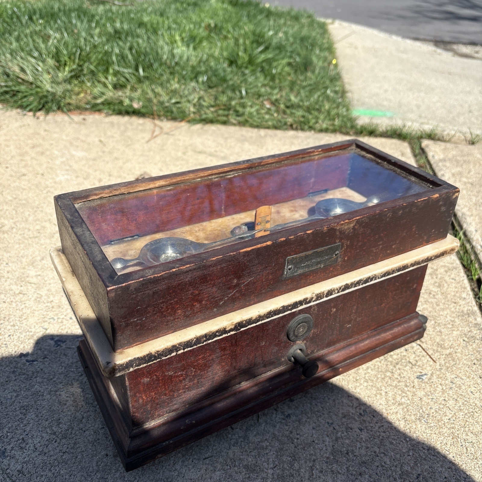 Antique Marble & Wood Apothecary Pharmacist Balance Gold Bouillon Scale Rustic