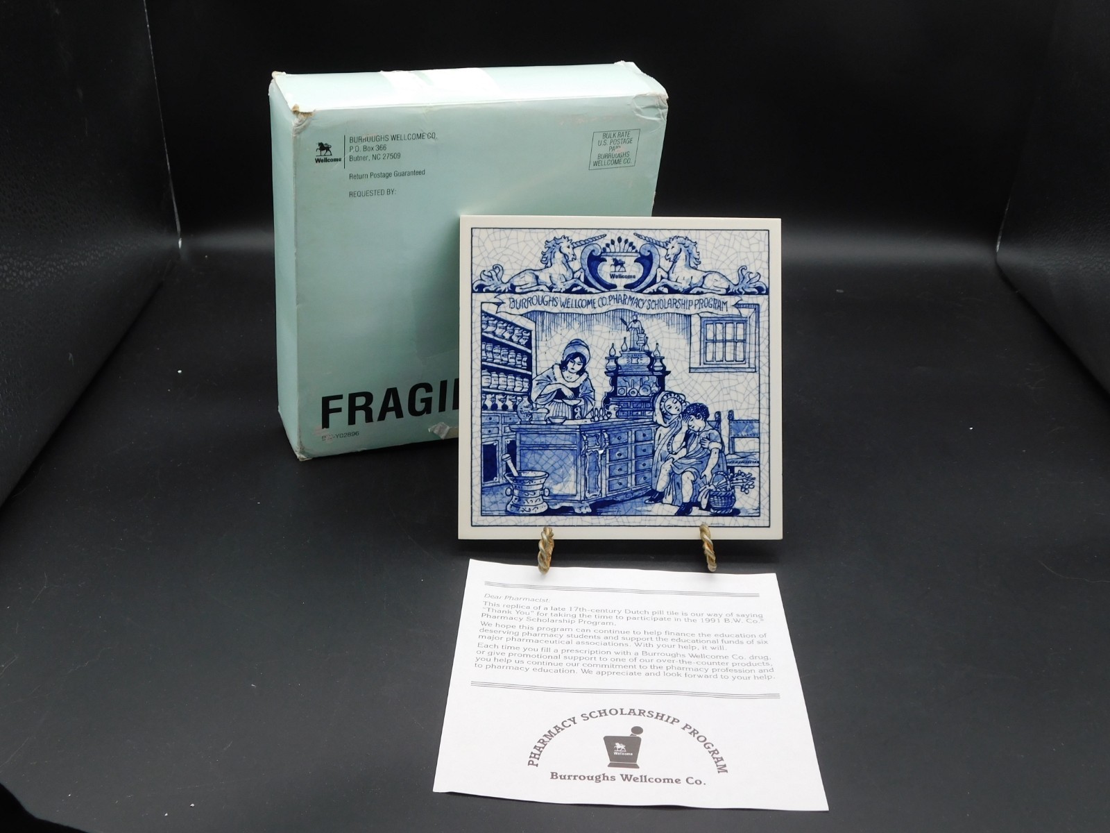 Delft Porcelain Pharmacy Pill Tile Burroughs Wellcome Scholarship Apothecary