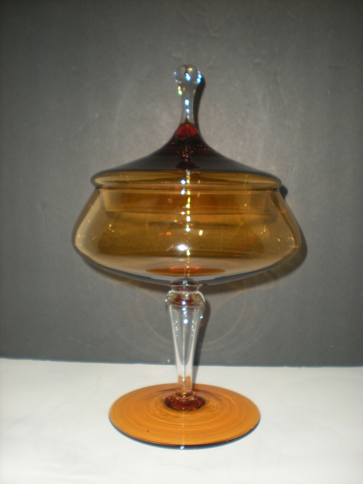 12″ Amber Apothecary Jar Empoli Italian Canister Circus Tent Lid Vtg Hand Blown