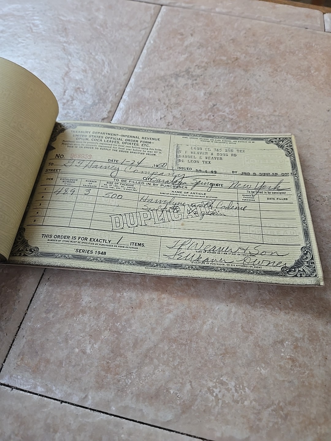 1948 US INTERNAL REVENUE BOOKLET OPIUM MORPHINE RARE TEXAS COMPLETE 10 SLIPS
