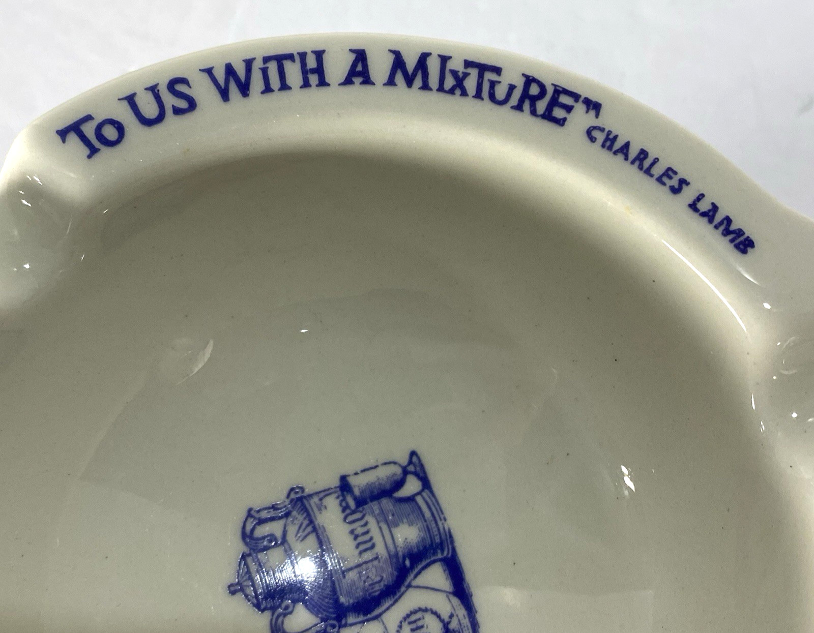VTG Apothecary Ceramic Ashtray Blue & White Pharmacy Advertising C. Lamb Quote
