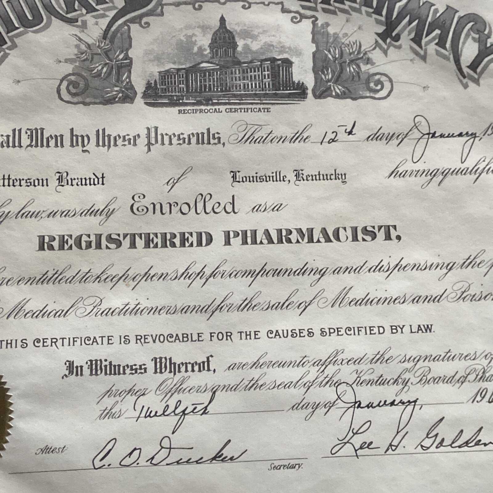 Kentucky Board Of Pharmacy (1966) Registered Pharmacist Certificate