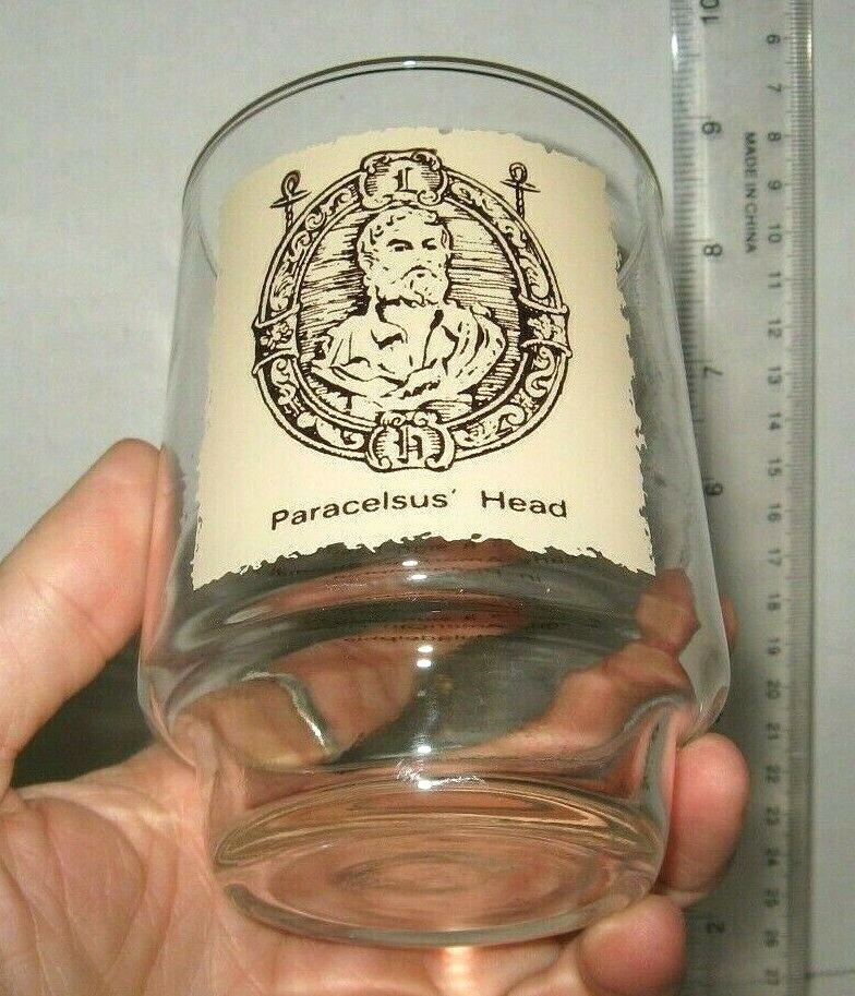 Rare vtg Paracelsus’ Head 4″ Glass Tumbler early American Pharmacy sign art