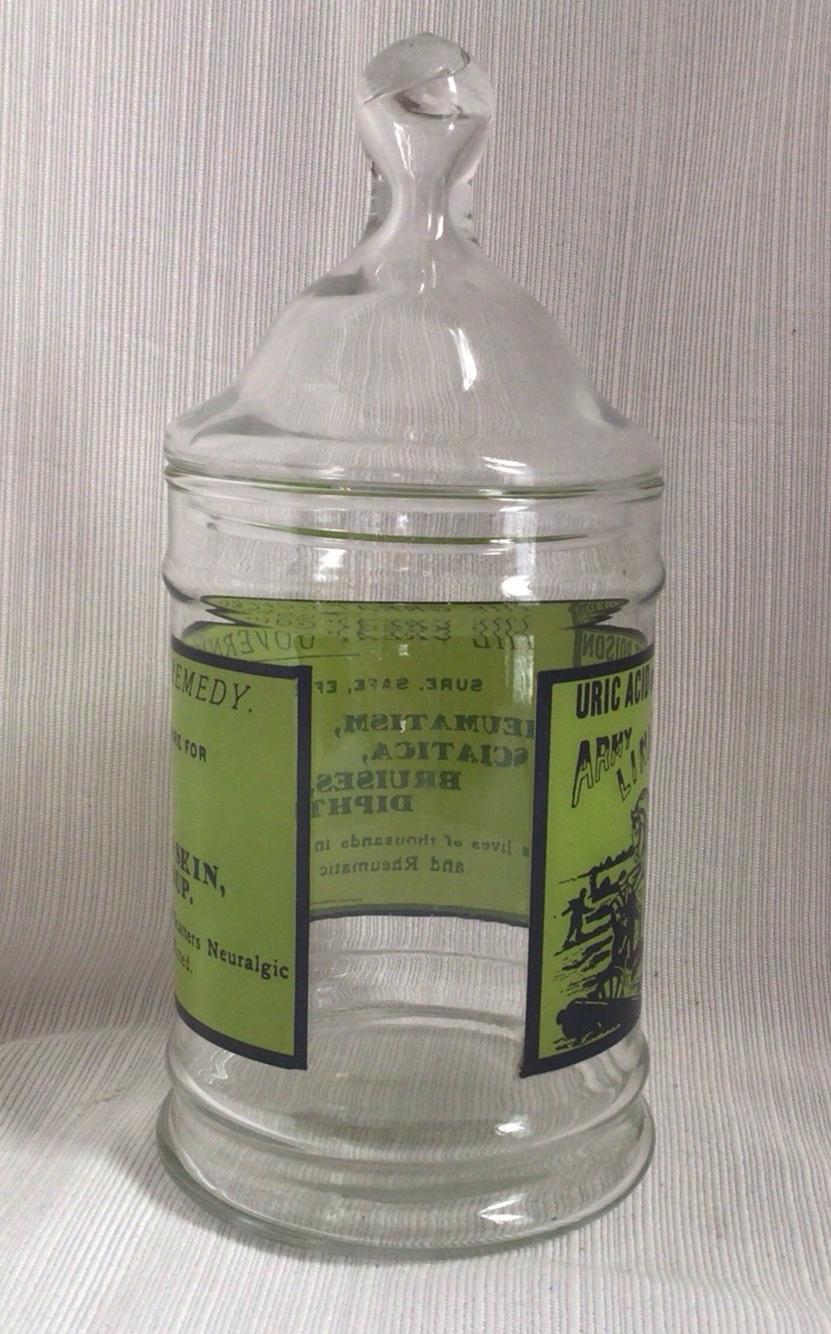Vintage 1970s Glass Apothecary Jar Lid Uric Acid Gout Poison Army Navy Liniment