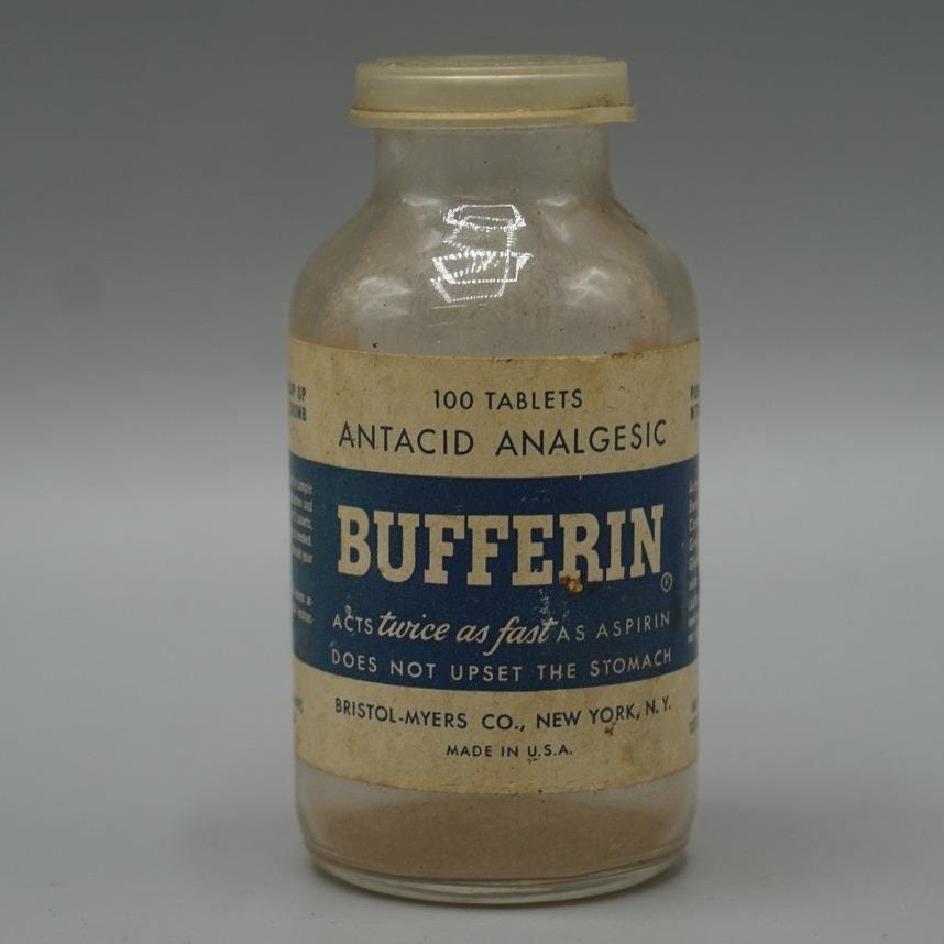 Vintage Bufferin Antacid Analgesic Glass Bottle Bristol-Myers 100 Tablets Prop