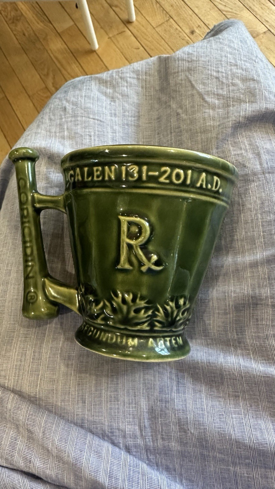 Vintage Coricidin Green Pottery Mug RX Galen Schering Pharmacy Cup Mortar Pestle