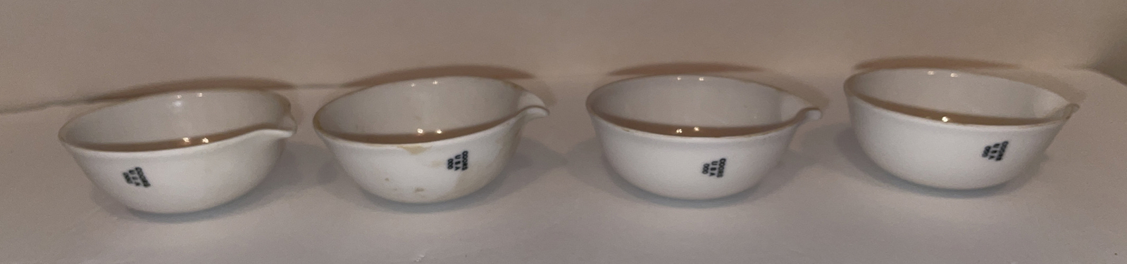4 Vintage Coors USA White Porcelain Labware Beakers Cups 2-1/2” round with Spout