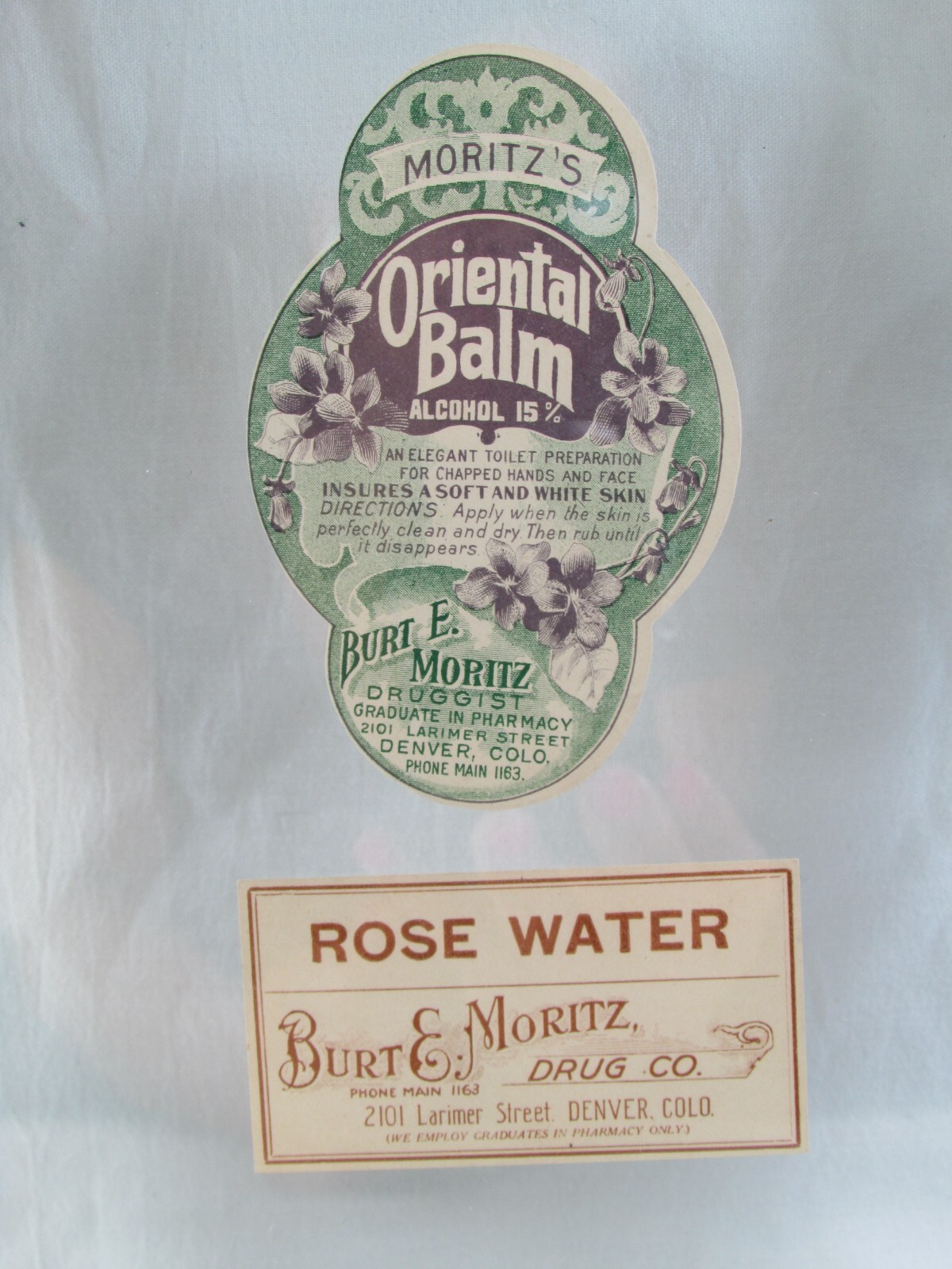 Vintage Burt E. Moritz Druggist -Oriental Balm, Rose Water Bottle Labels & Frame