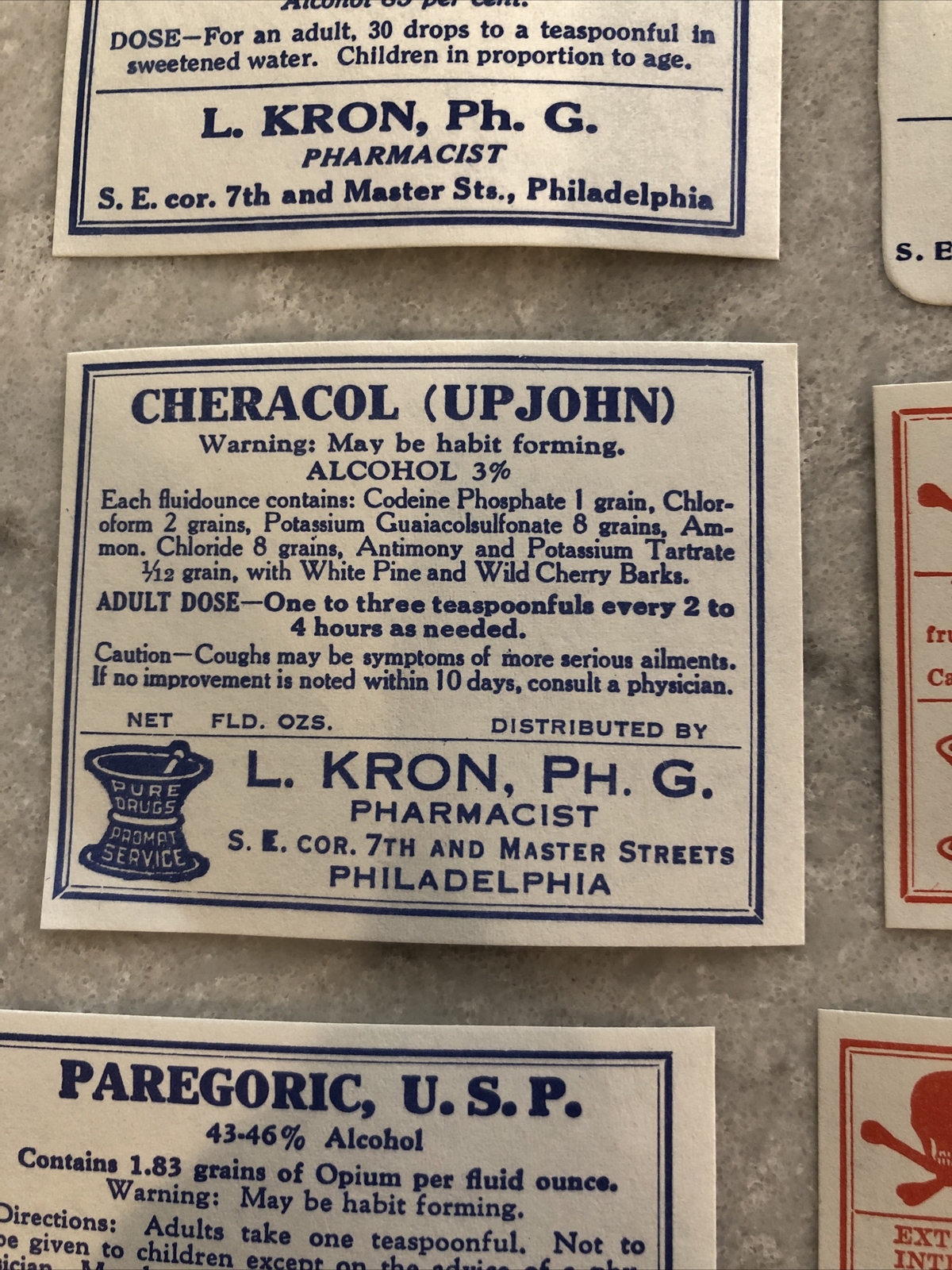 Lot 24 Antique Medicine Bottle Labels Opium, Poison – L. Kron Ph. G. Phila.