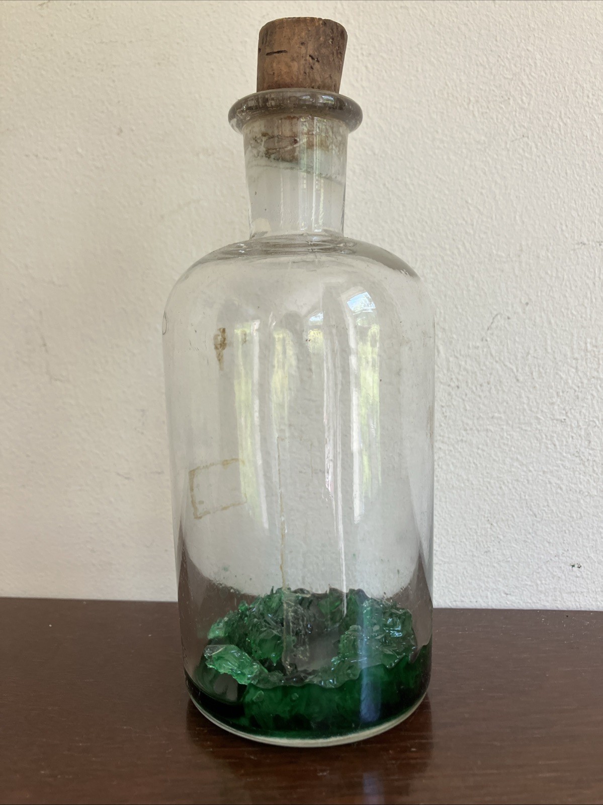Antique Clear Glass Apothecary Bottle C1870, Green Stuff Inside! Cork Stopper
