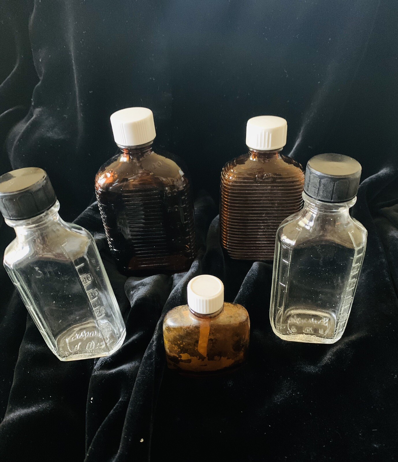 Lot Of 5 Imperfect Clear & Brown Apothecary Glass Bottle Pharmacy Meds 2.5-4.5”