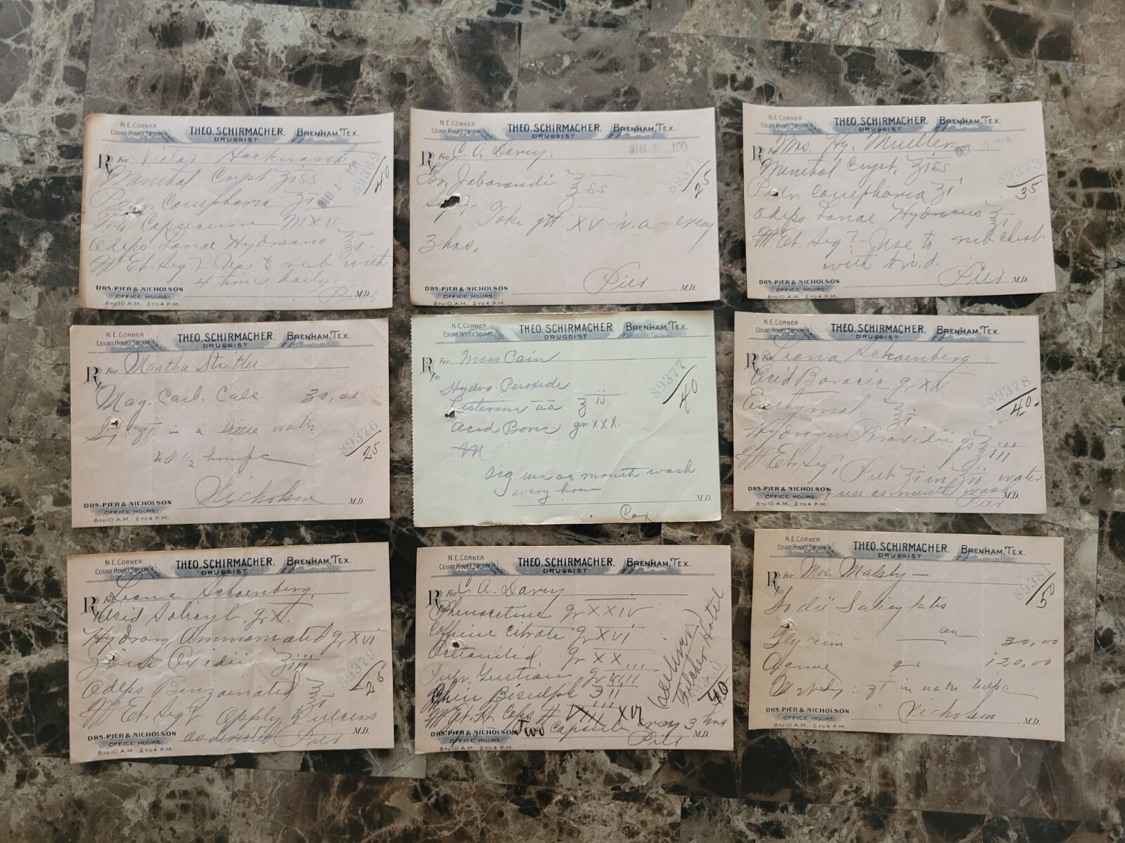 File box & 70 antique prescriptions (1910) – Codeine, Poisons, Equine