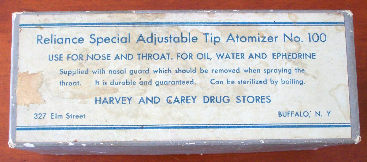 Reliance atomizer No 100 Harvey & Carey Drug Stores 327 Elm Street Buffalo, NY