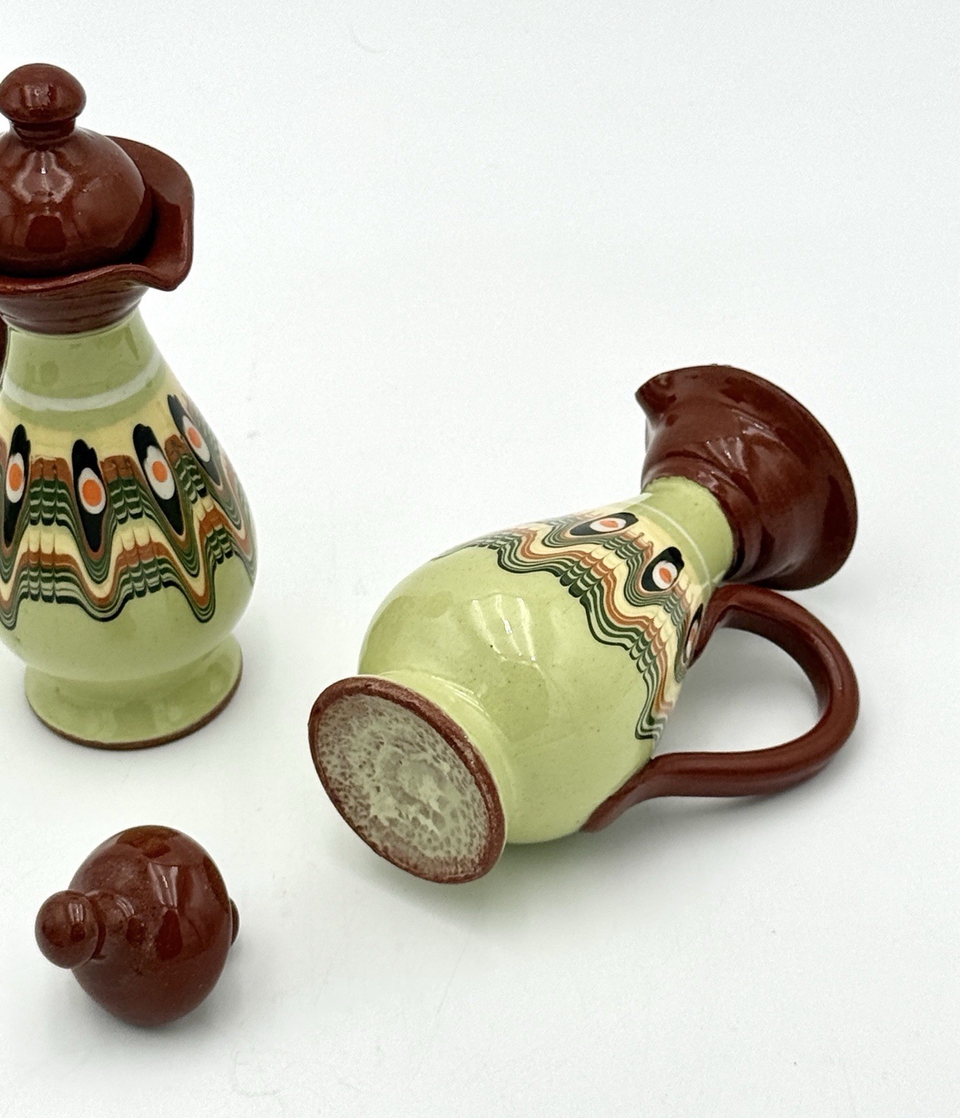Vintage Bulgarian Peacock eye Dripware Pottery 5-Piece Condiment Set