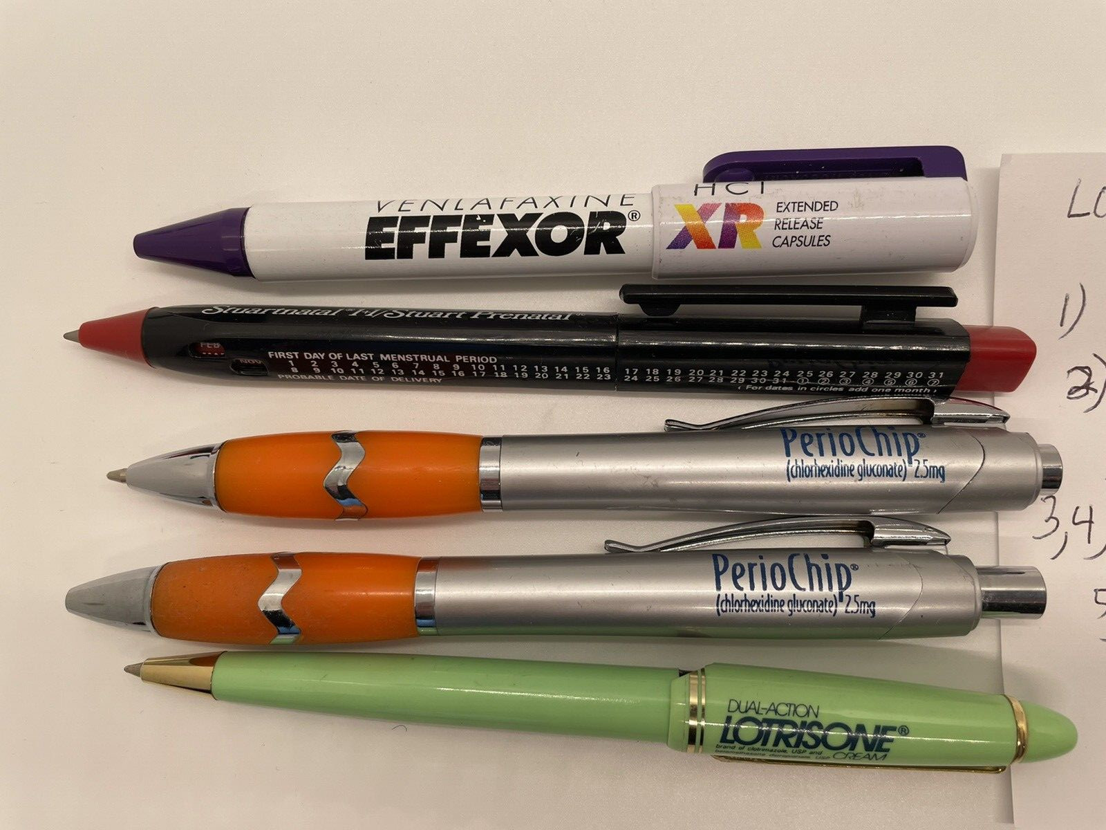 5 Pharma advertising ballpoint pens: Effexor StuartNatal 1+1 PerioChip Lotrisone