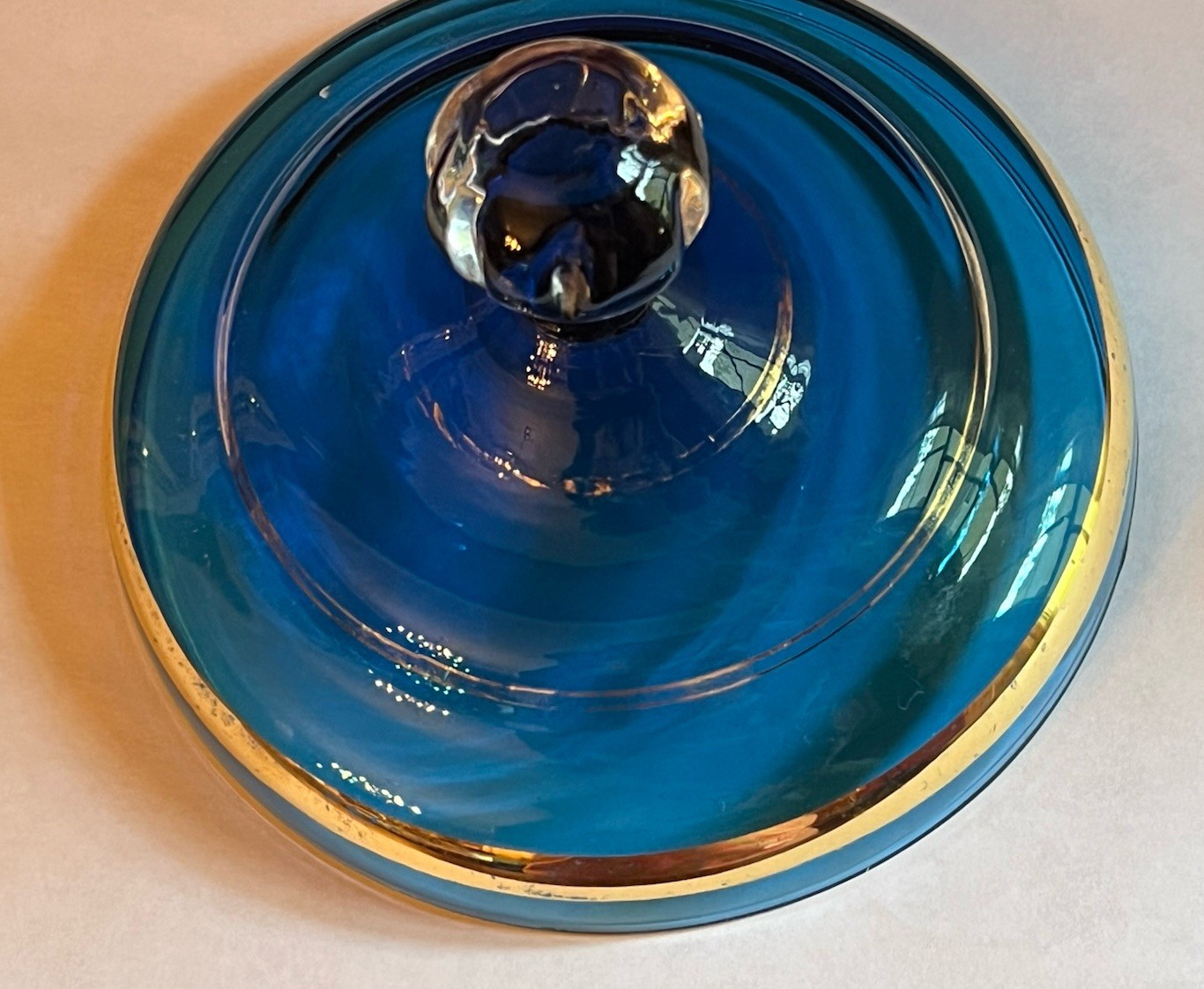 Vintage Azure Blue Handblown Glass Apothecary Jar w Lid 22K Gold