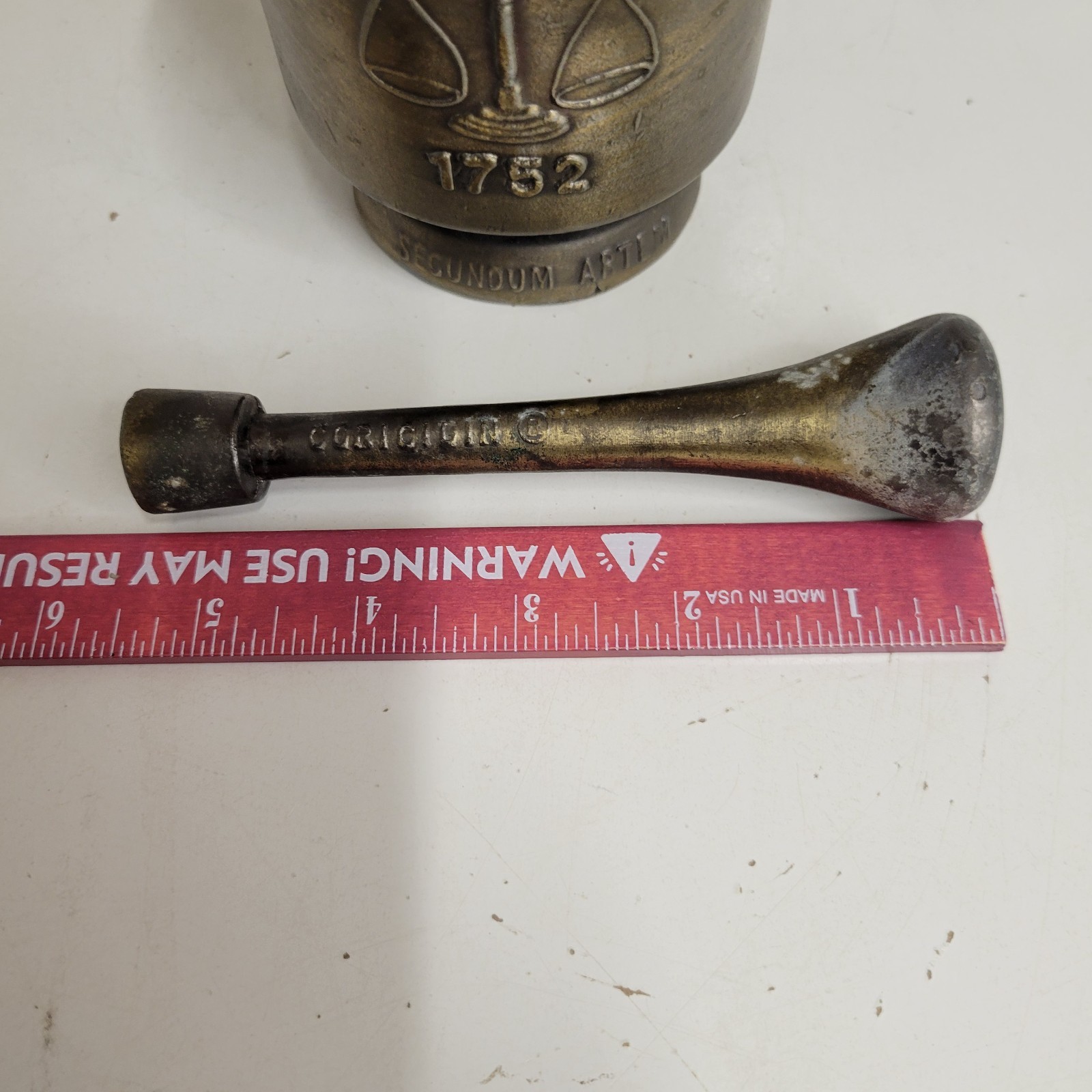 VTG Brass Bronze Schering Mortar & Coricidin Pestle 1752 First American Pharmacy