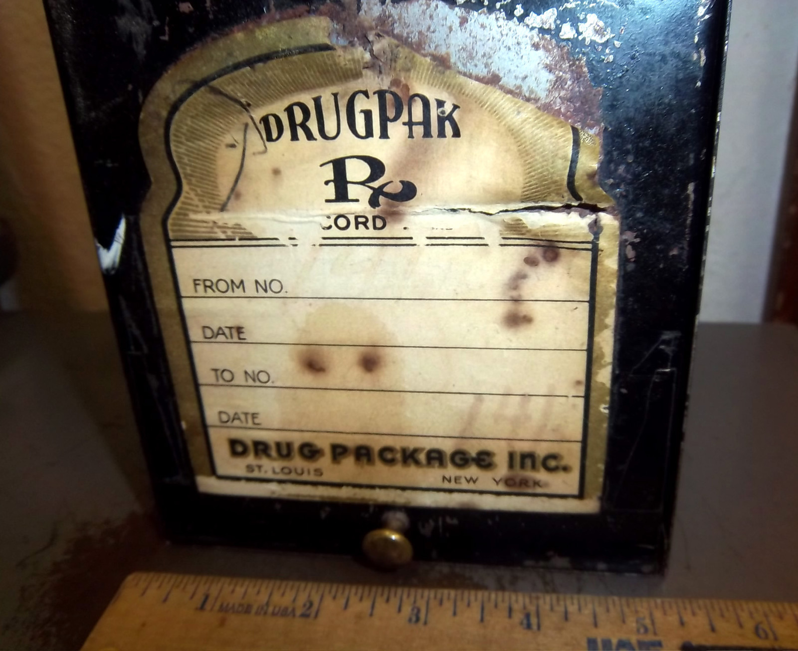 Vintage Pharmacy prescription metal box Drugpak, St Louis, New York, paper label