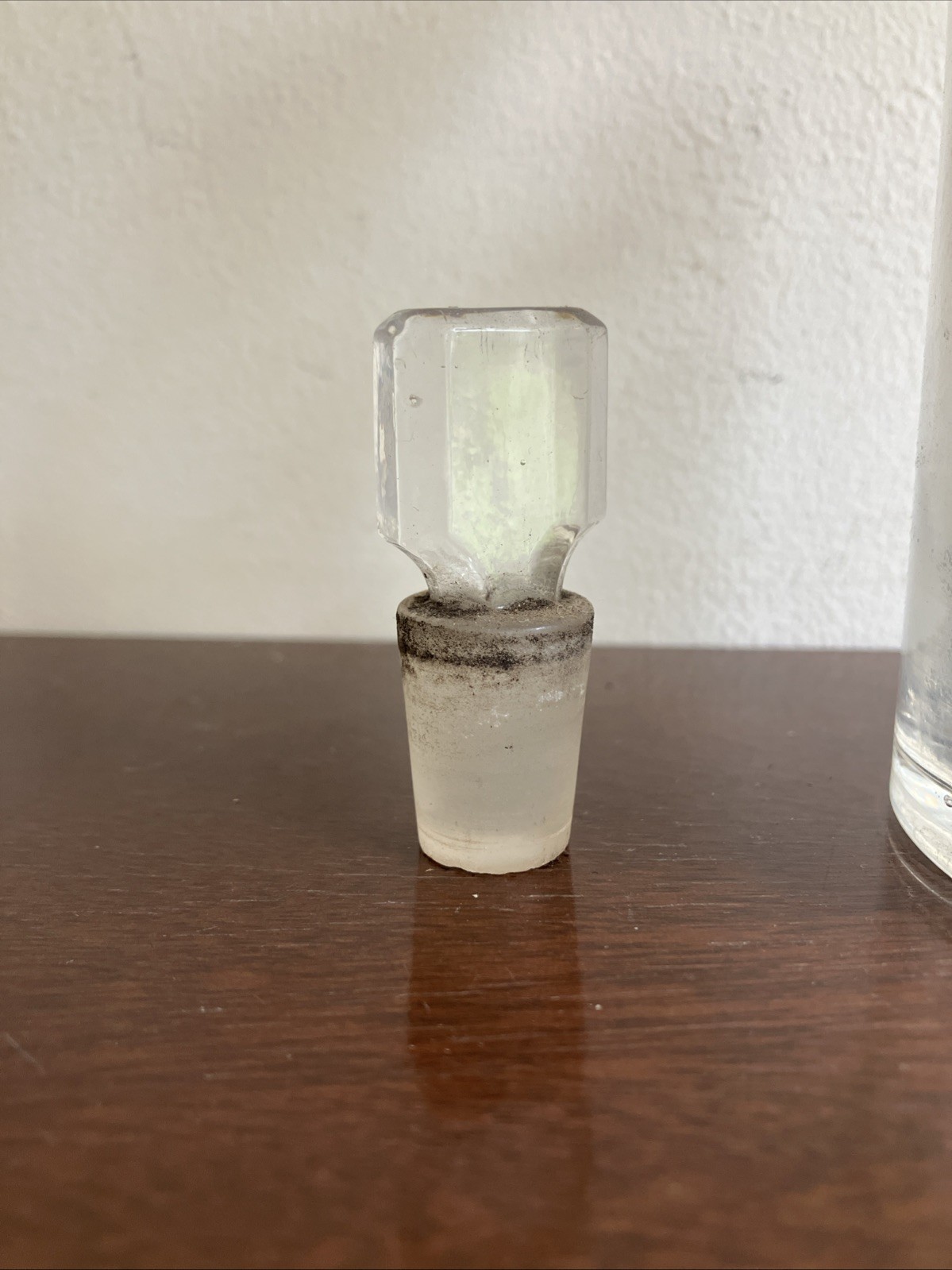 Antique Glass Apothecary Bottle With Tatty Shield Shaped Label, Glass Stopper