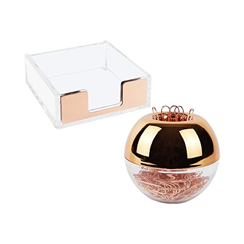 Magnetic Paper Clip Holder 3×3 Sticky Note Holder Set, Clear Acrylic Rose Gold