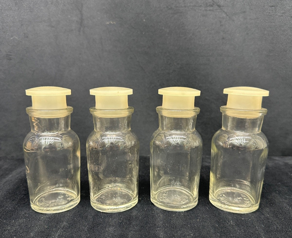 TCW Co. USA 1950s 4 Small Clear Apothecary Bottles with Plastic Stoppers 3.5″