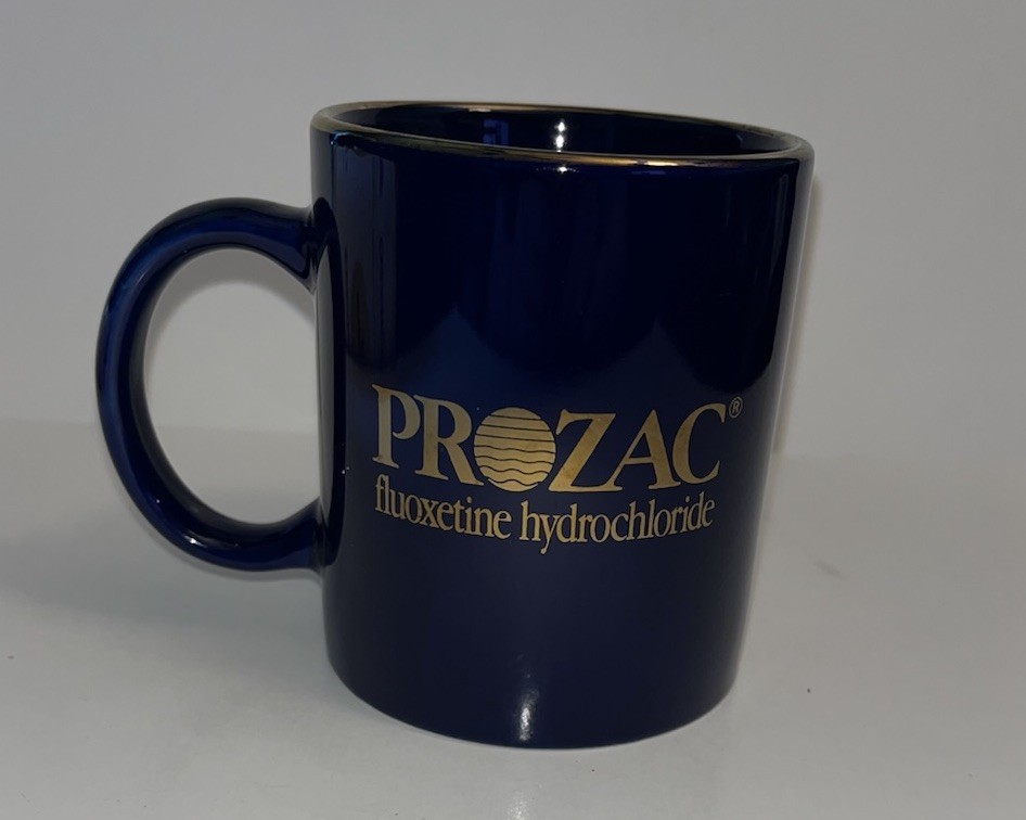 Vintage Prozac Ceramic Mug Advertising Blue Gold Rim Coffee Pharmaceutical Promo