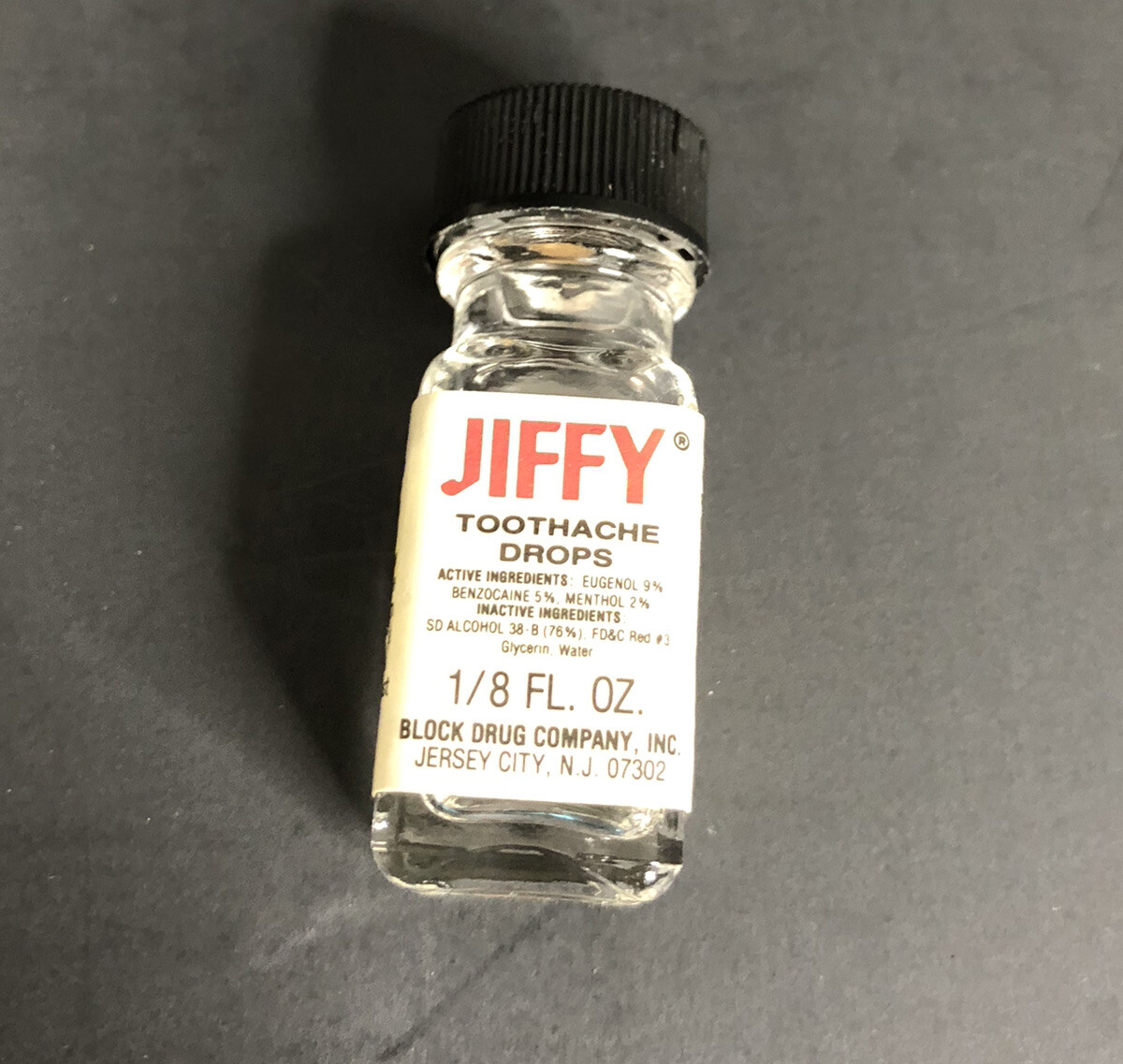 Vintage Jiffy Toothache Drops Medicine Bottle with Box and Cotton Pellets EMPTY