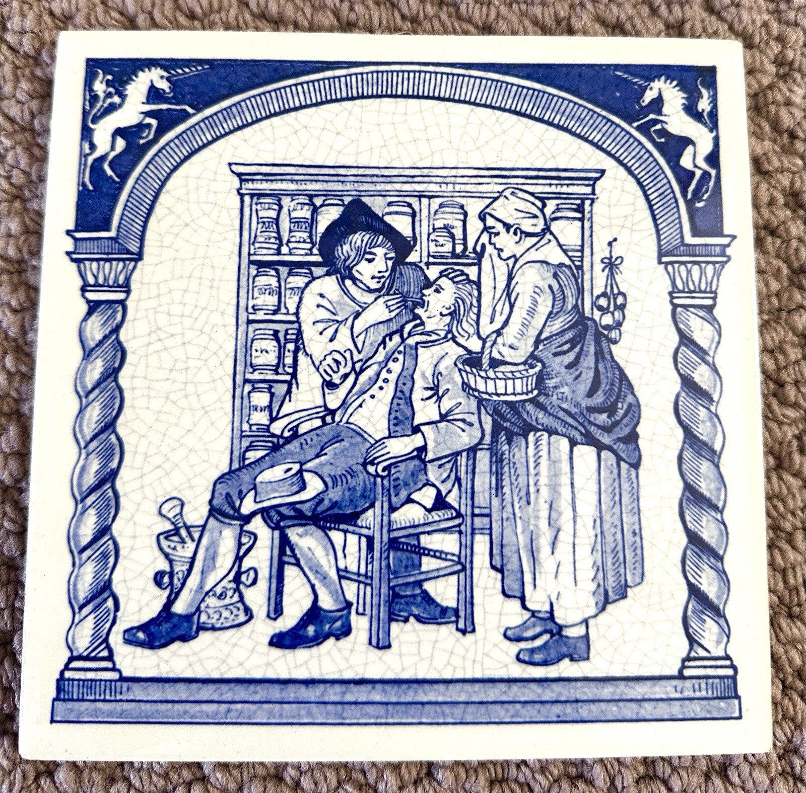 Vintage 1986 Delft Holland Blue Hand Painted Porcelain Tile Early Pharmacist 6×6