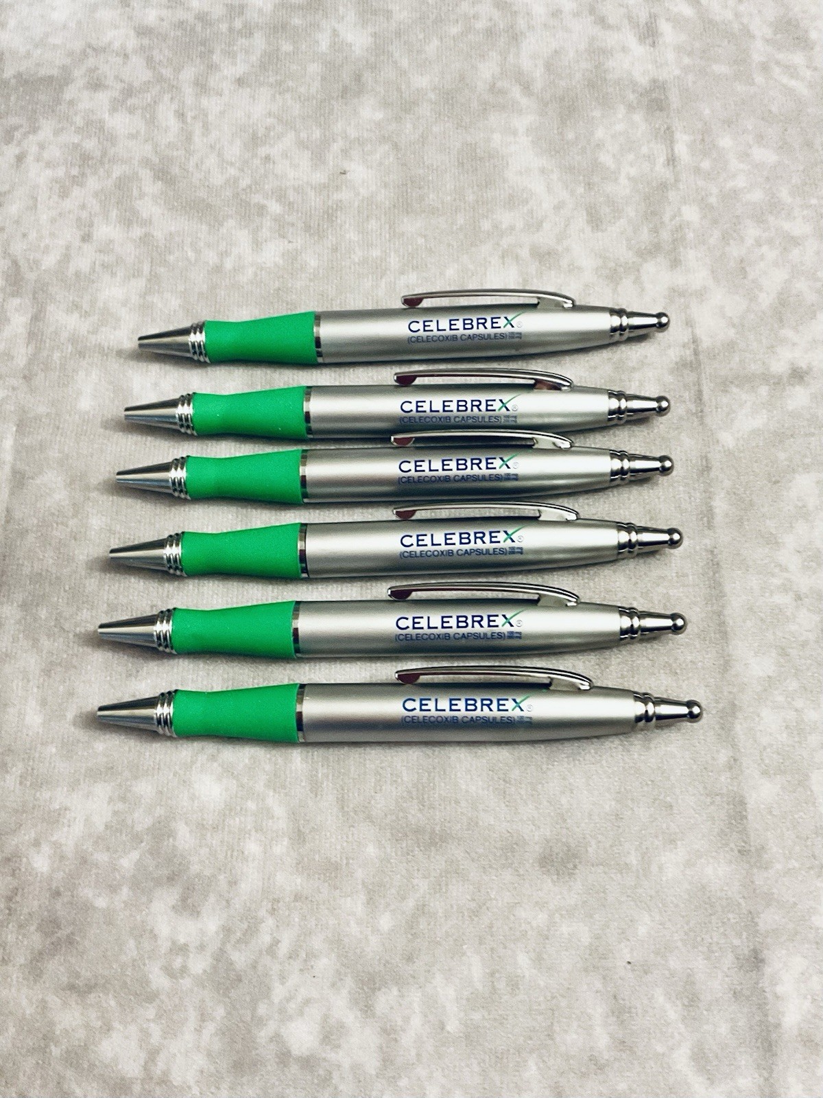 CELEBREX PHARMACEUTICAL REP PENS METAL SILVER GREEN GRIPS CHROME CLIP LOT OF 6