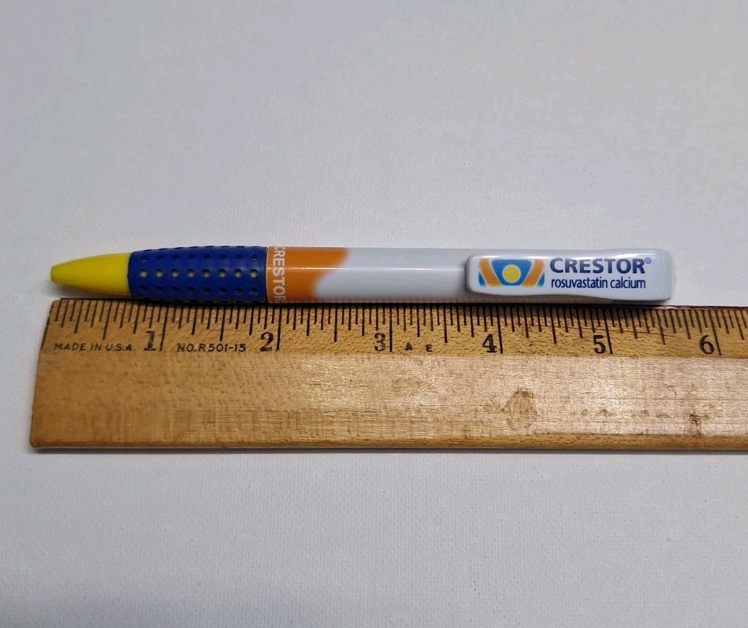 Crestor Drug Rep Pen Black Ink Works Blue Comfort Grip Yellow Tip