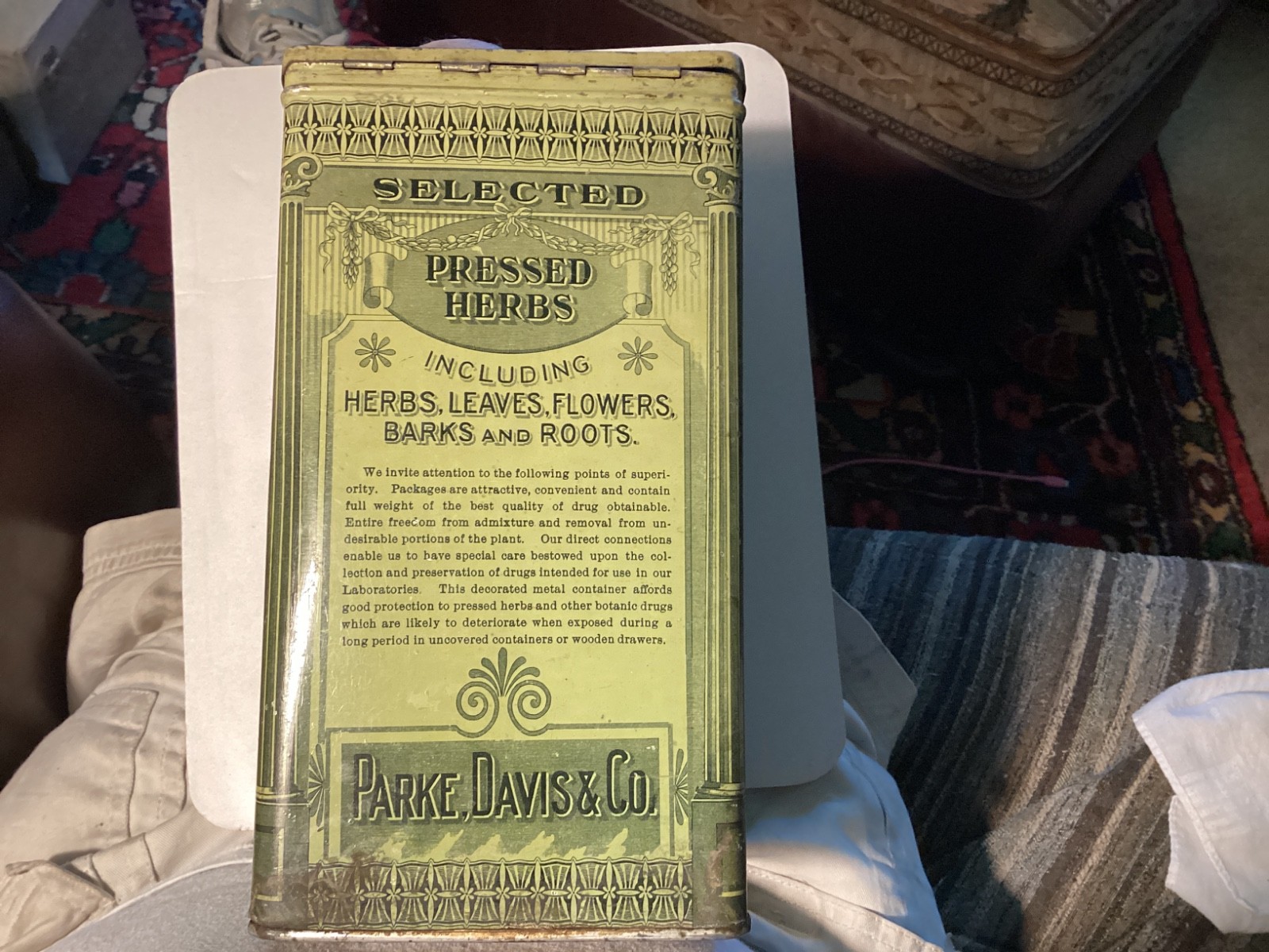 Antique Parke Davis & Co. Choice Botanic Drugs Pressed Soap-Tree Bark Metal Tin