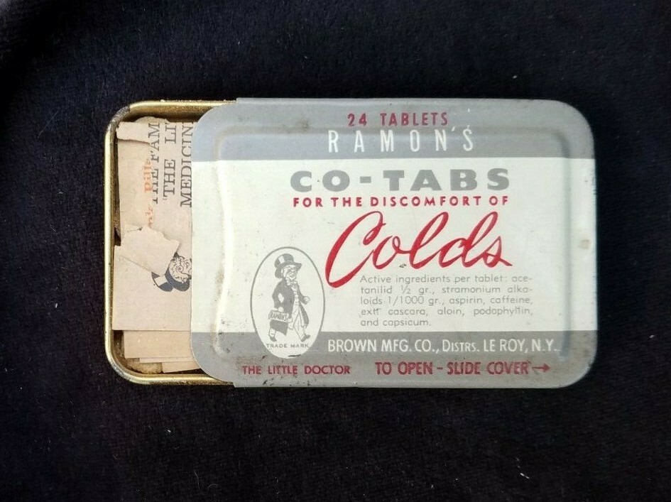 Old Medicine Tin Ramon’s Co-Tabs Cold Brown Mfg Co Le Roy NY Little Doctor NOS